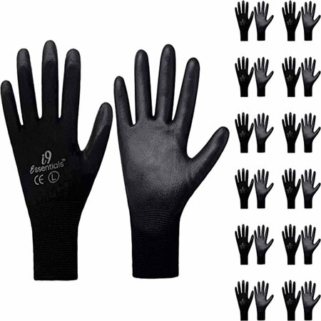 I9 ESSENTIALS PU-Coated Safety Work Gloves Ultra-Light PU Construction Gloves, Black - Size L, 12PK 100014
